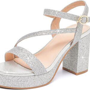 Women Platform Heels Synthetic Leather 3.5 Inch Block Chunky Open Toe Evening